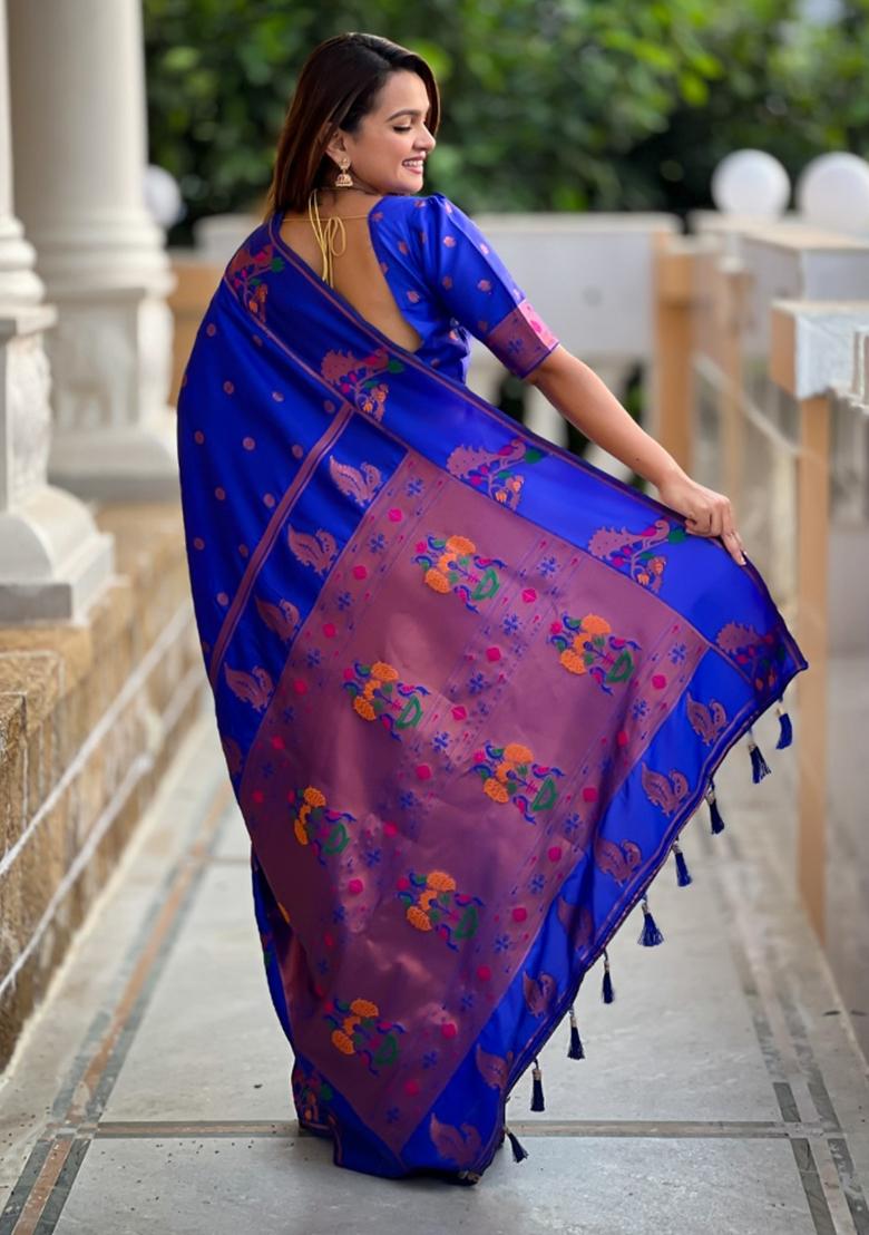Blue Woven Silk Saree Set