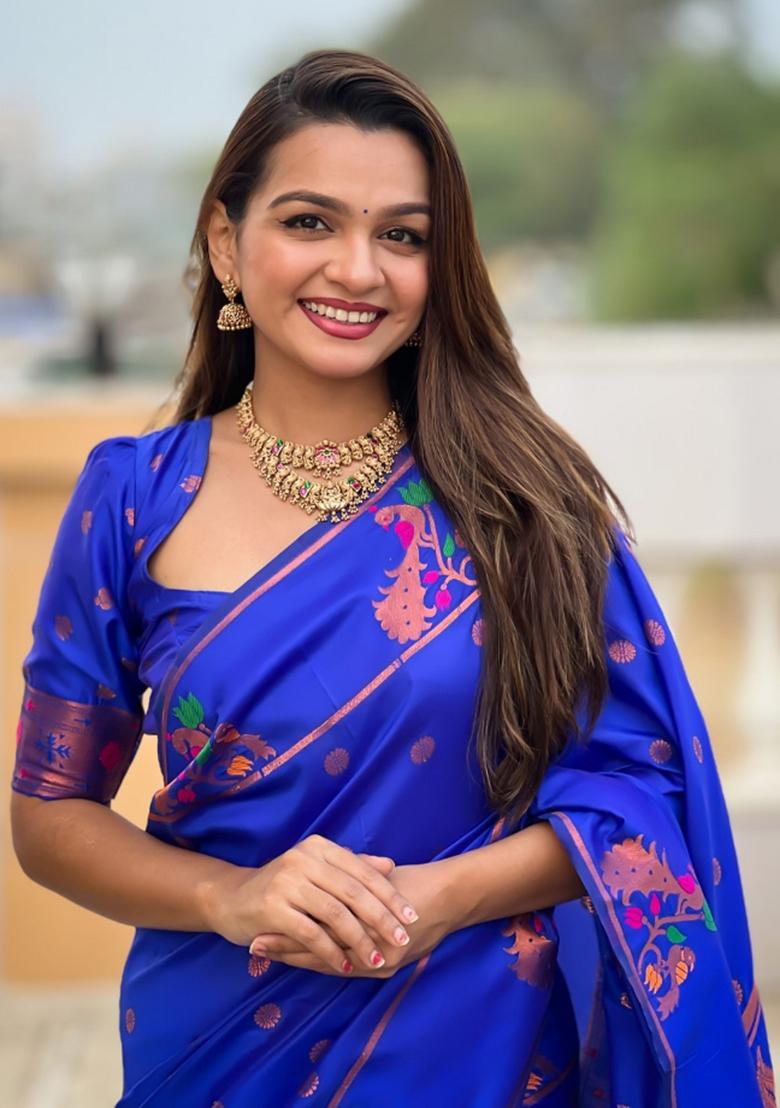 Blue Woven Silk Saree Set