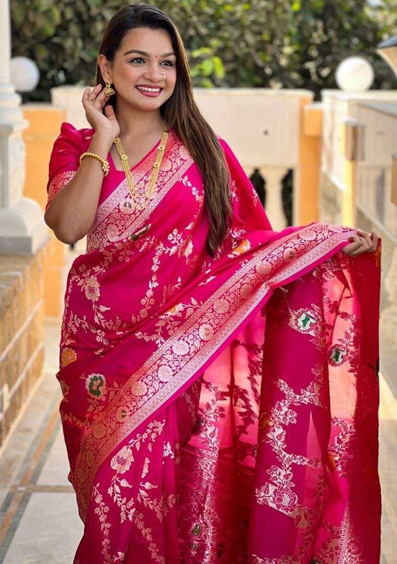 Pink Woven Silk Saree Set
