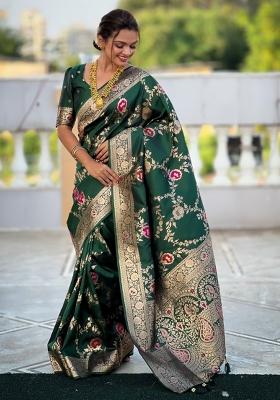 Green Woven Silk Saree Set