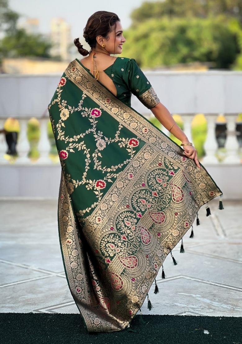 Green Woven Silk Saree Set