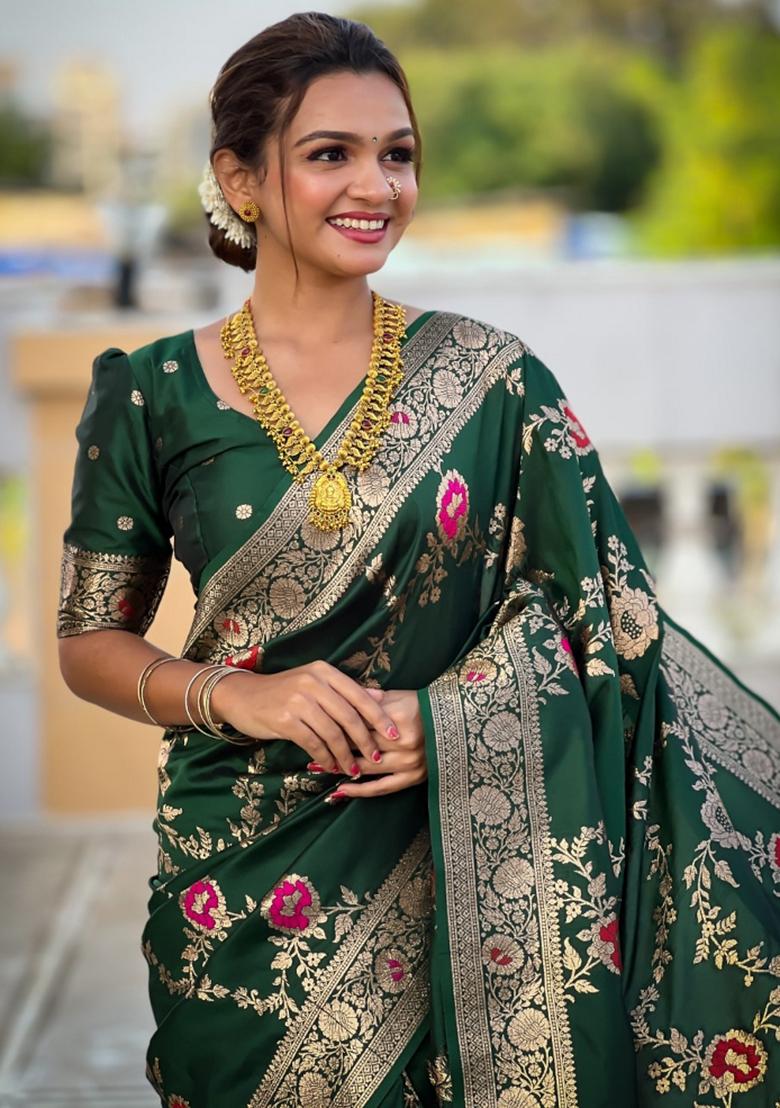 Green Woven Silk Saree Set
