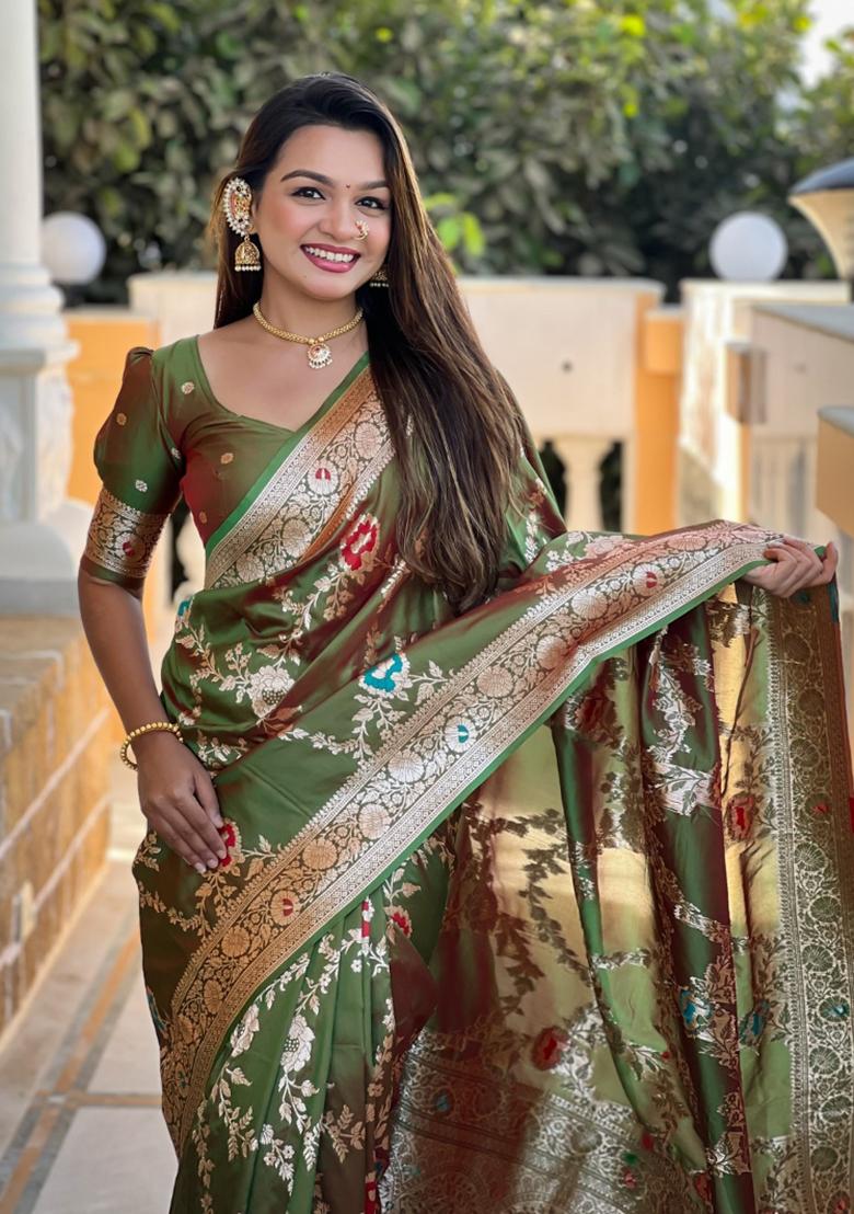 Mehendi Green Woven Silk Saree Set