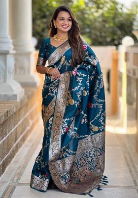 Amber Blue Woven Silk Saree Set