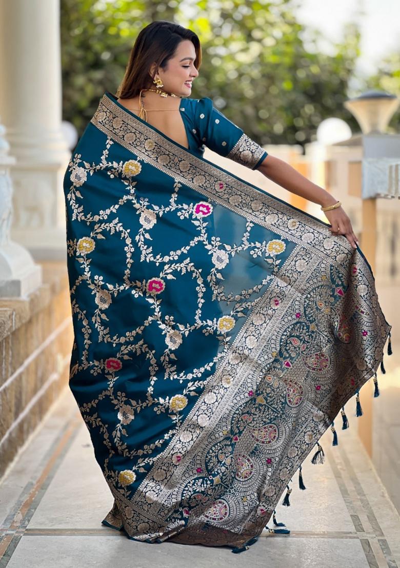 Amber Blue Woven Silk Saree Set