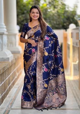Navy Blue Woven Silk Saree Set