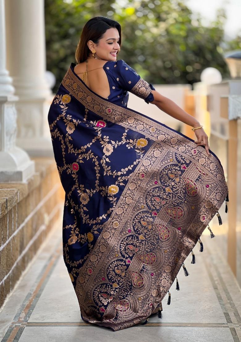 Navy Blue Woven Silk Saree Set