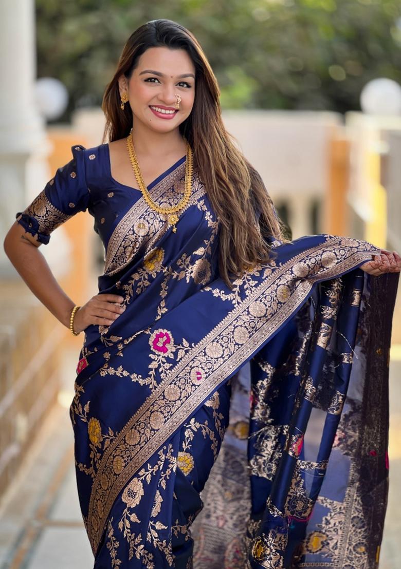 Navy Blue Woven Silk Saree Set