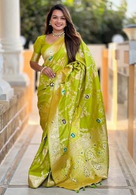 Parrot Green Woven Silk Saree Set