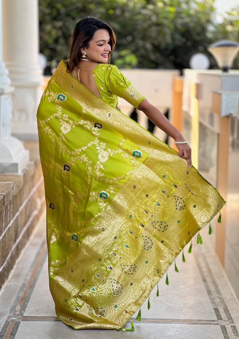 Parrot Green Woven Silk Saree Set