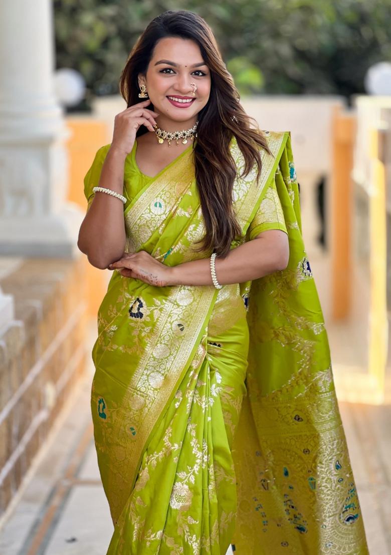 Parrot Green Woven Silk Saree Set