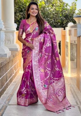 Purple Woven Silk Saree Set