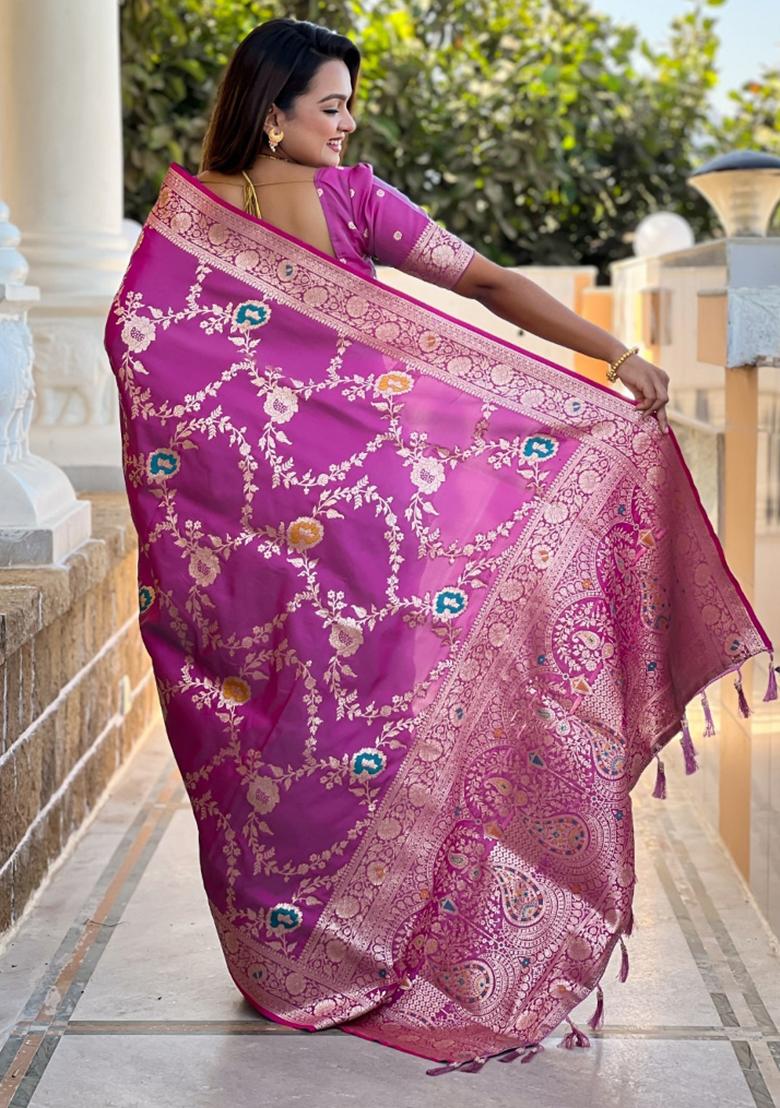 Purple Woven Silk Saree Set