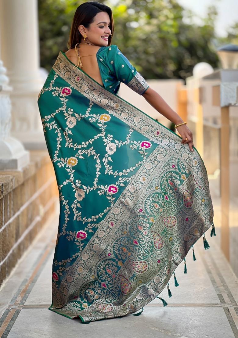 Aqua Blue Woven Silk Saree Set