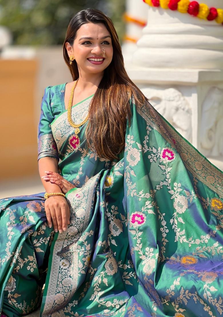 Aqua Blue Woven Silk Saree Set