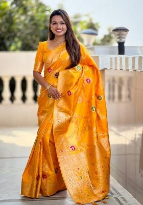 Mustard Yellow Woven Silk Saree Set