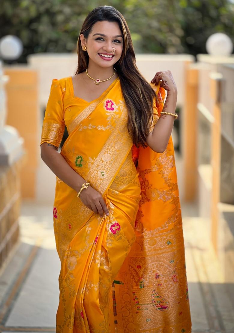 Mustard Yellow Woven Silk Saree Set