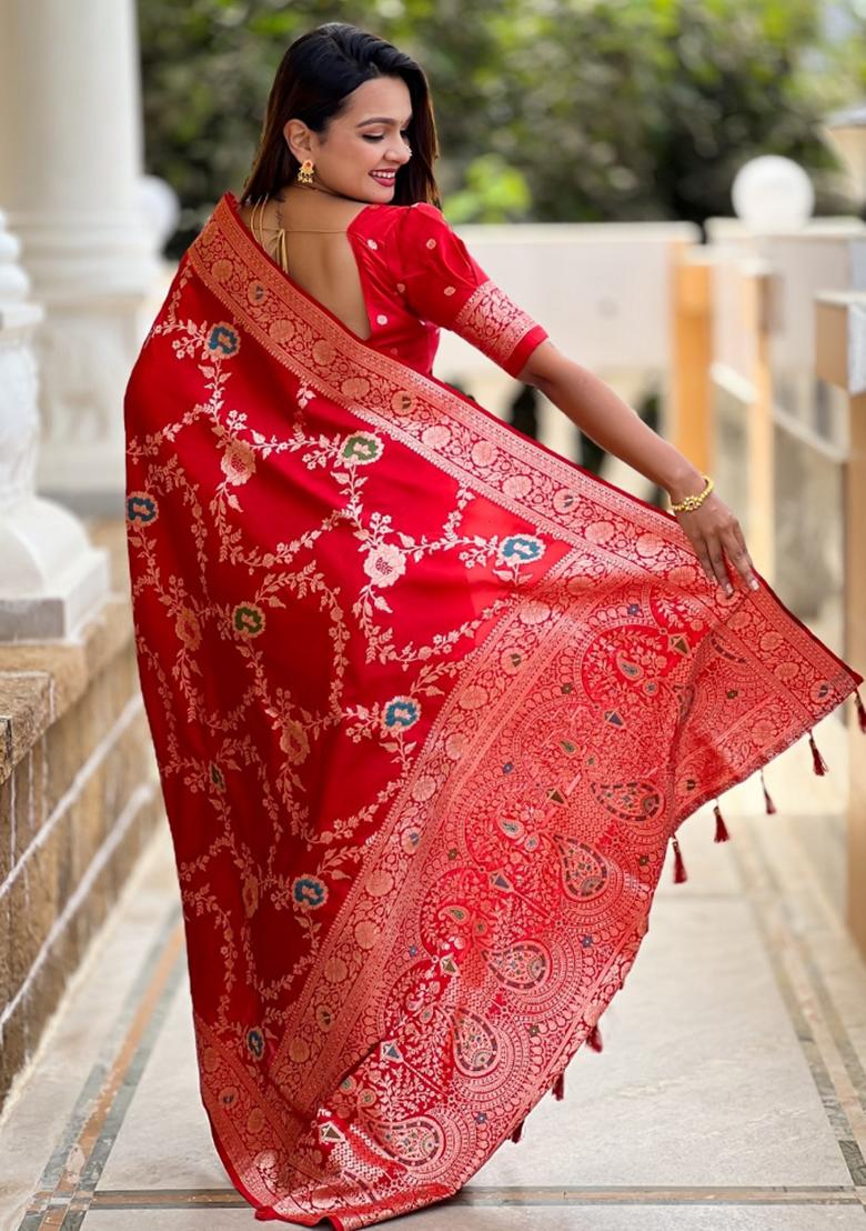 Red Woven Silk Saree Set