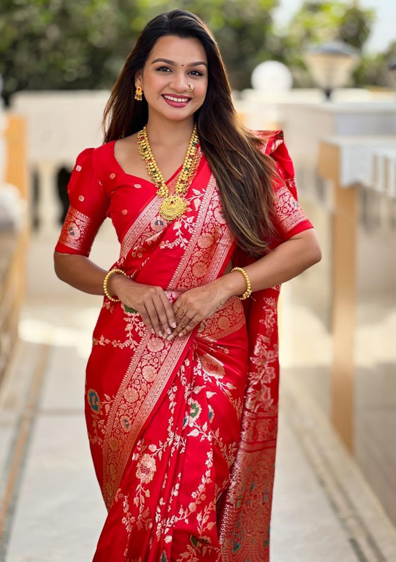 Red Woven Silk Saree Set