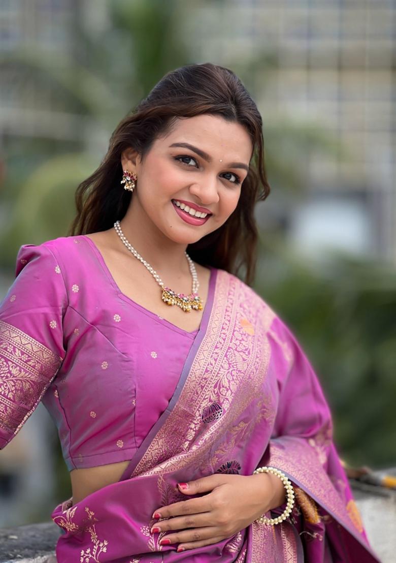 Purple Woven Silk Saree Set