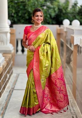 Lime Green Woven Silk Saree Set
