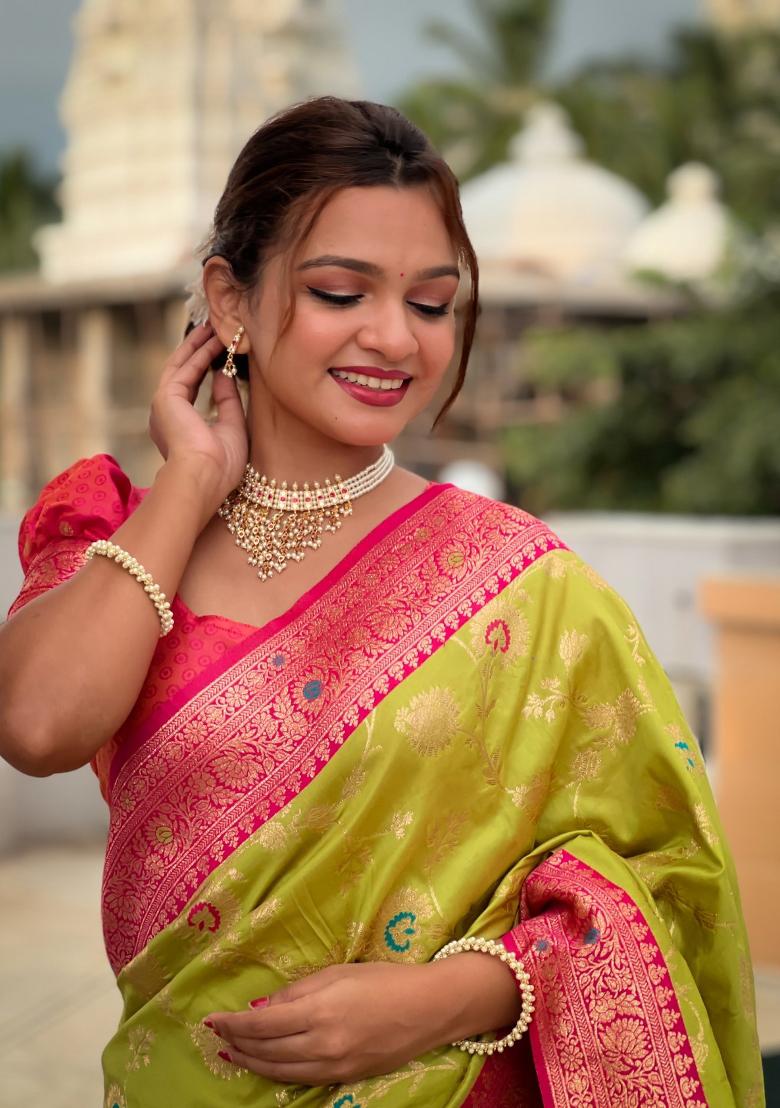 Lime Green Woven Silk Saree Set
