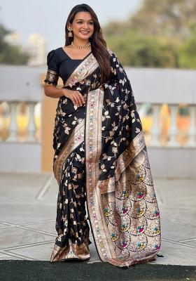 Black Woven Silk Saree Set