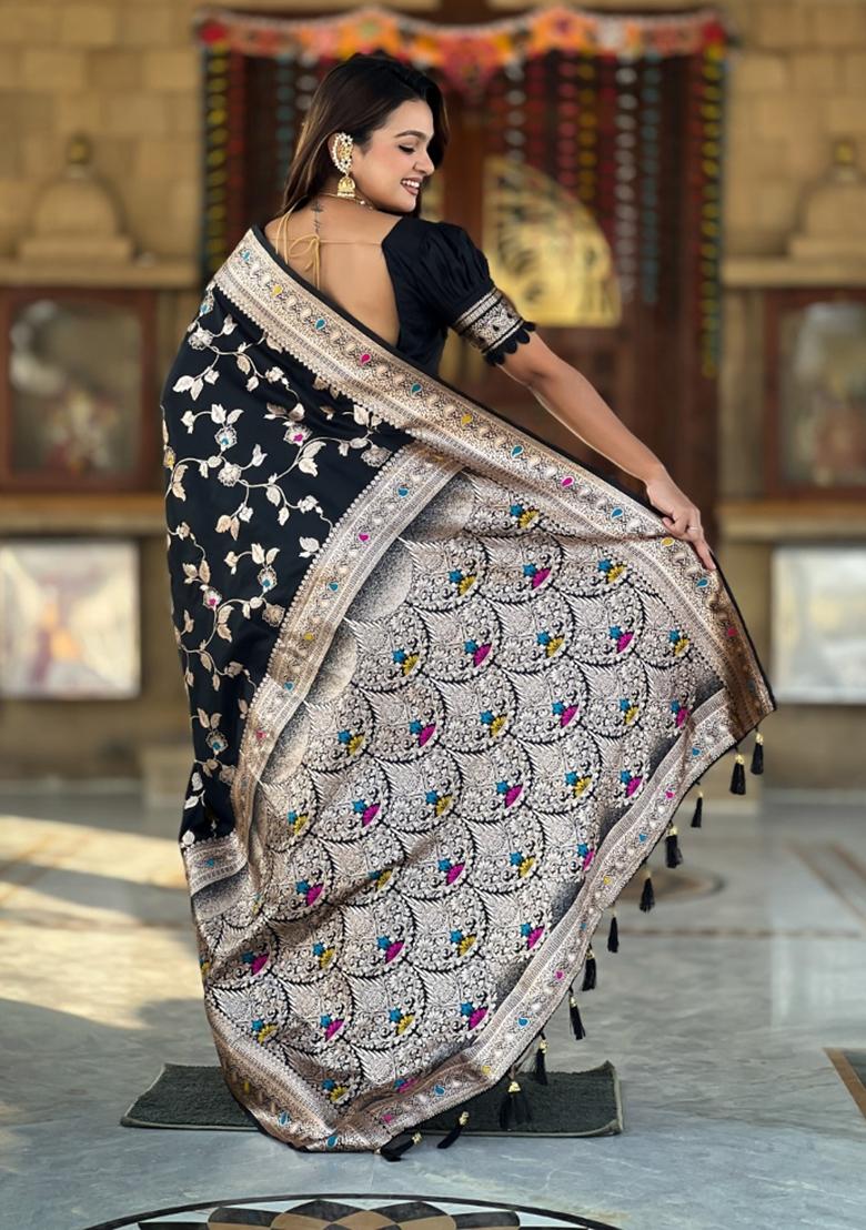 Black Woven Silk Saree Set