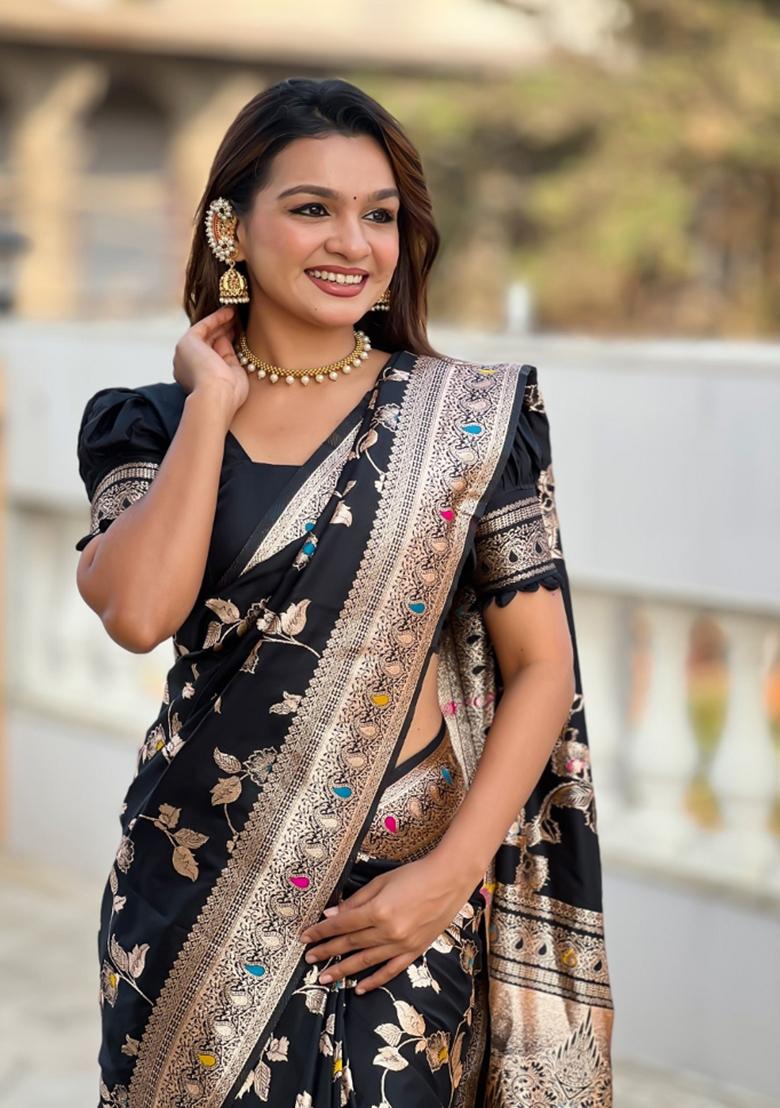 Black Woven Silk Saree Set