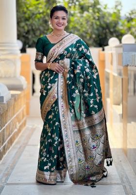 Green Woven Silk Saree Set