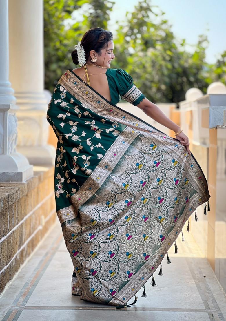Green Woven Silk Saree Set