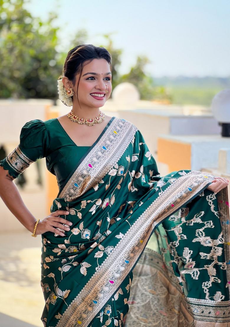 Green Woven Silk Saree Set