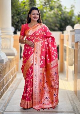 Peach Woven Silk Saree Set