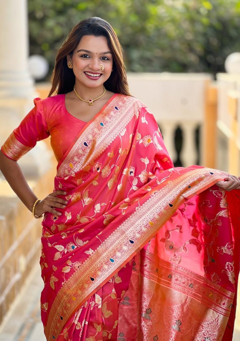 Peach Woven Silk Saree Set