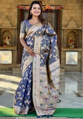 Grey Woven Silk Saree Set