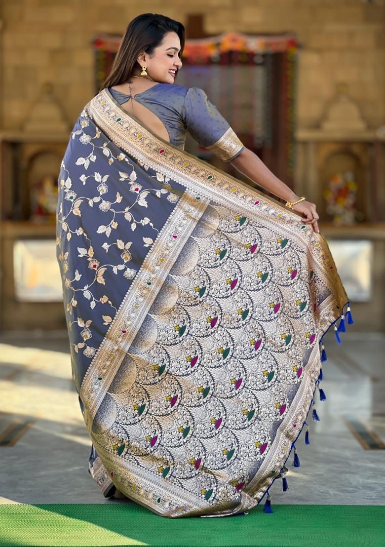 Grey Woven Silk Saree Set