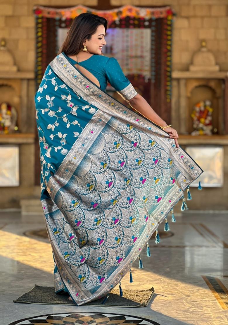 Amber Blue Woven Silk Saree Set