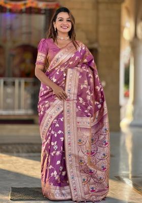 Purple Woven Silk Saree Set