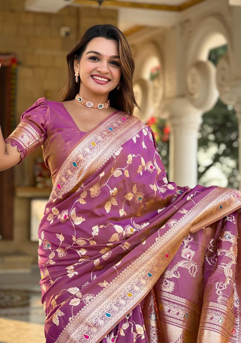 Purple Woven Silk Saree Set