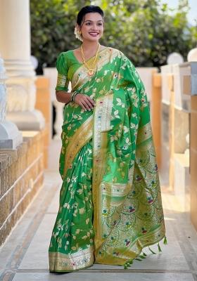 Parrot Green Woven Silk Saree Set