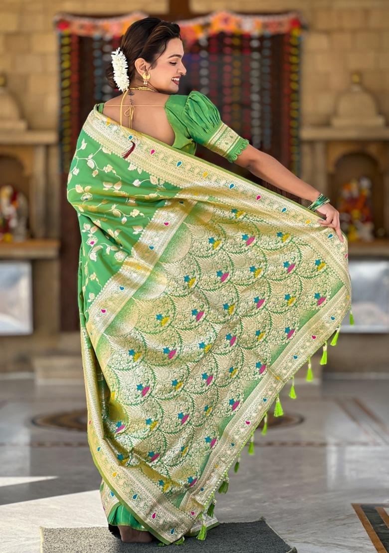 Parrot Green Woven Silk Saree Set