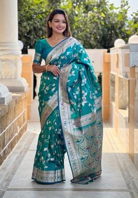 Aqua Blue Woven Silk Saree Set