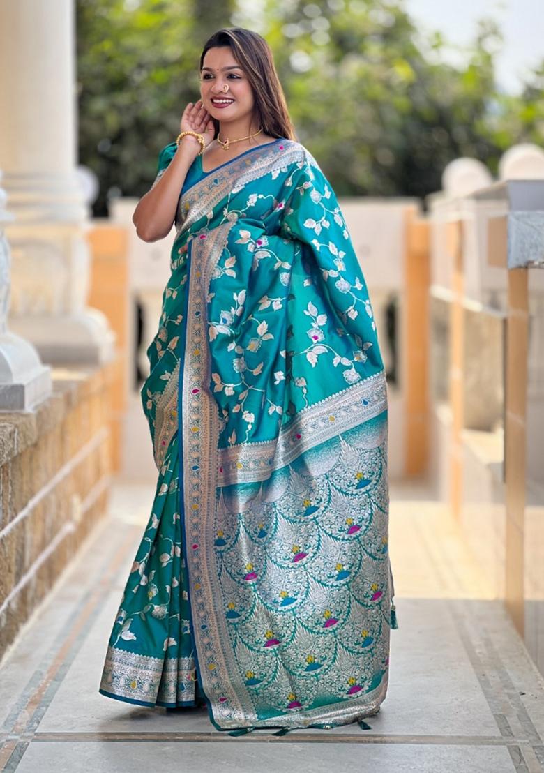 Aqua Blue Woven Silk Saree Set