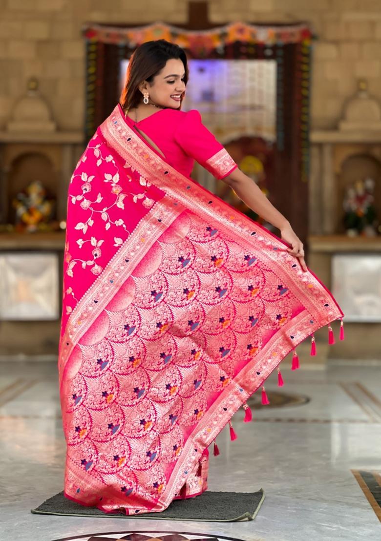 Pink Woven Silk Saree Set