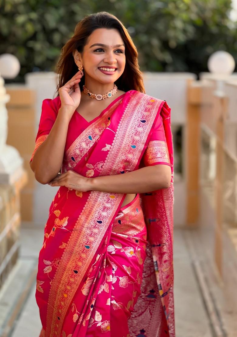 Pink Woven Silk Saree Set