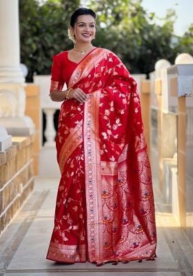 Red Woven Silk Saree Set
