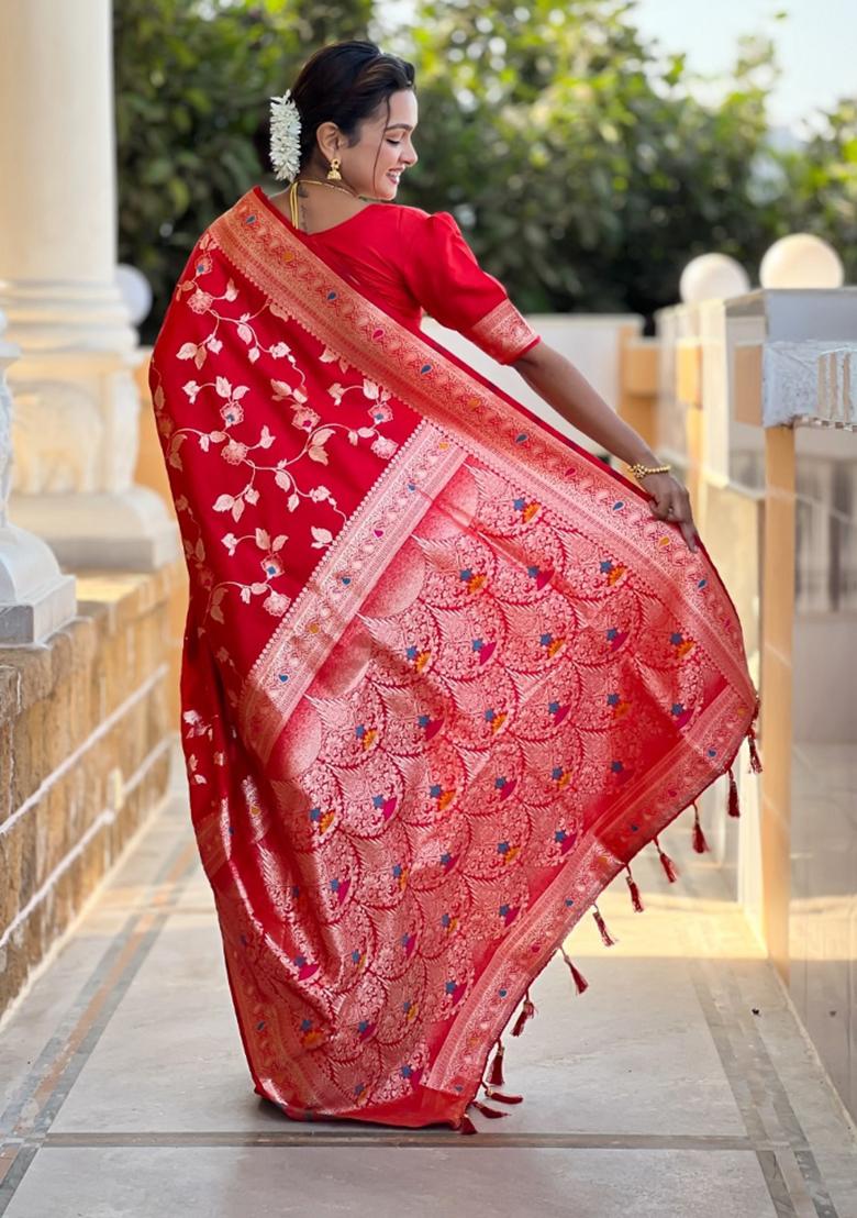 Red Woven Silk Saree Set