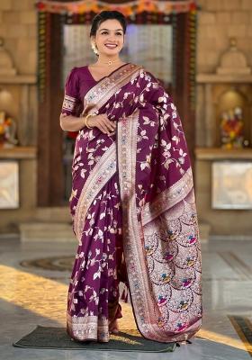 Wine Maroon Woven Silk Saree Set
