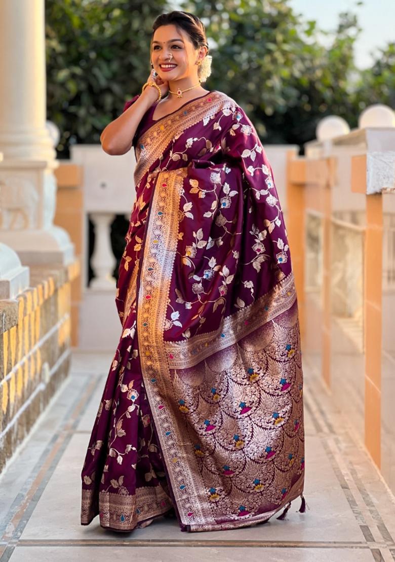 Wine Maroon Woven Silk Saree Set
