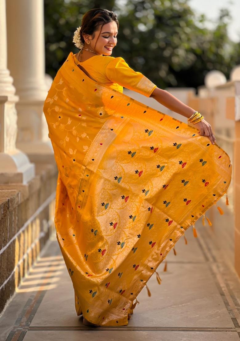 Yellow Woven Silk Saree Set